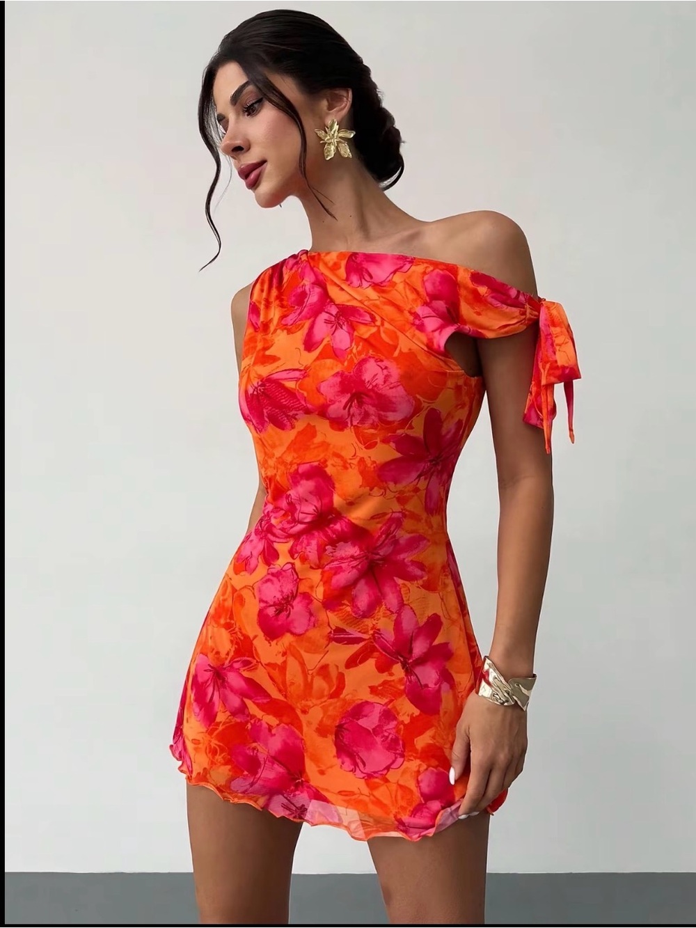 One-Shoulder Orange & Pink Floral Mini Dress